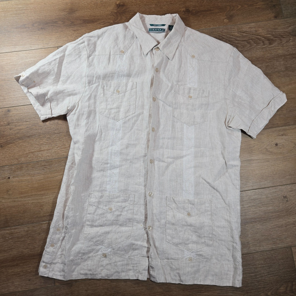 Cubavera Guayabera Shirt Mens L Cream 100% Linen Cuban Short Sleeve 4 Pocket